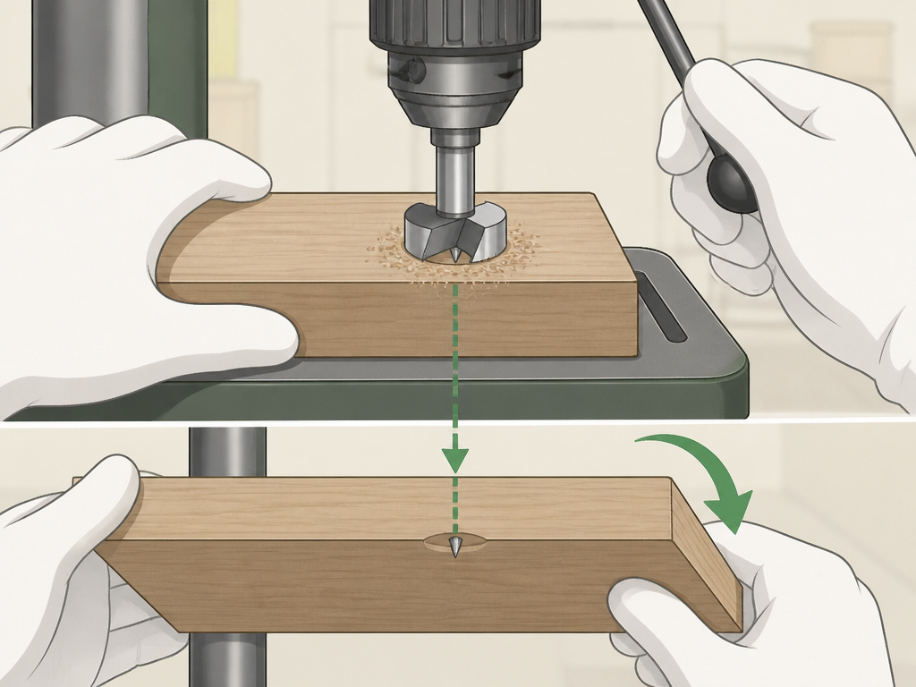 Cartoon diagram of the double-sided drilling technique for a clean through-hole in wood.
