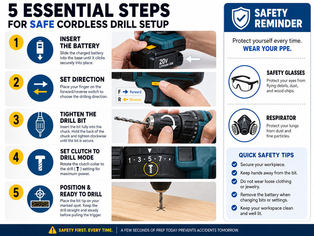 Five-step infographic for safe cordless drill setup and operation.