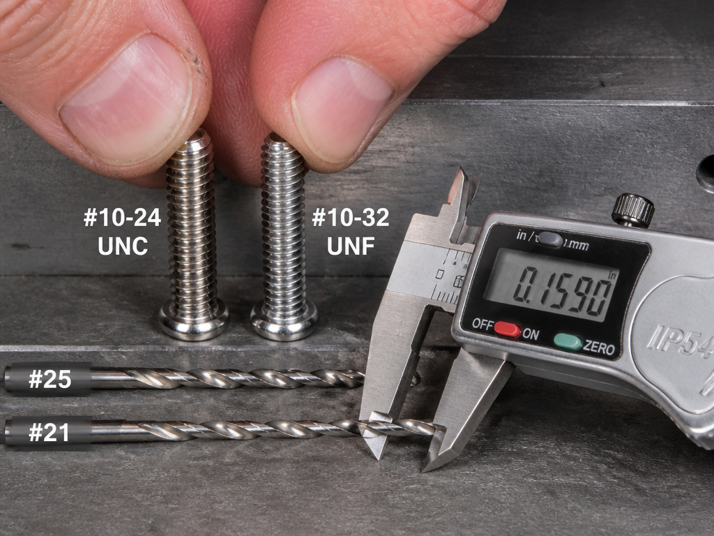 Close-up comparing #10-24 and #10-32 screw threads and their numbered drill bits.