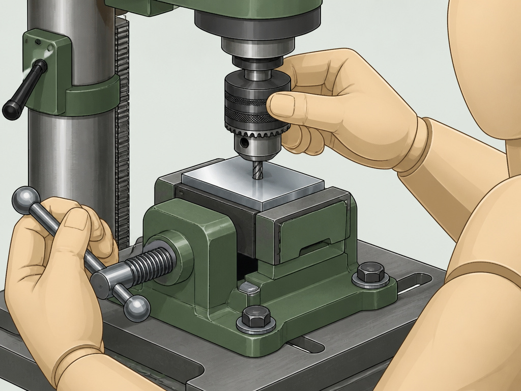 Securing metal in a vise for rigid drilling setup on a drill press