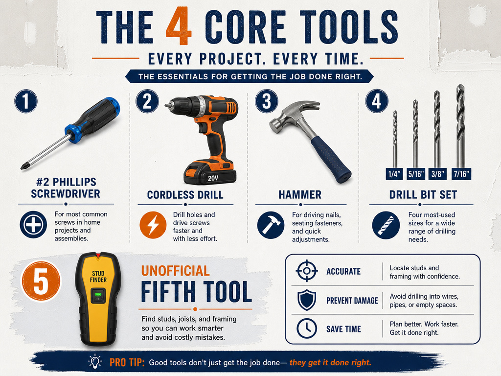 Four essential tools and a stud finder for installing drywall anchors.