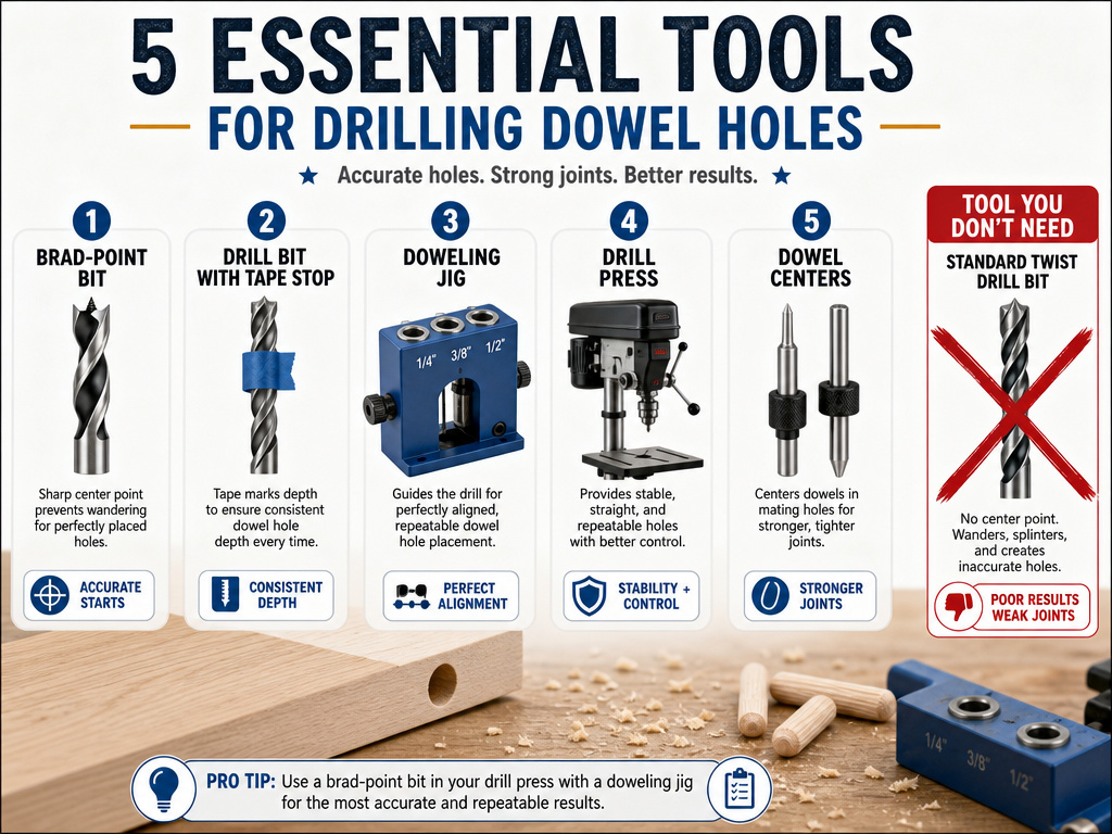 Essential tools list for accurate dowel hole drilling in woodworking.