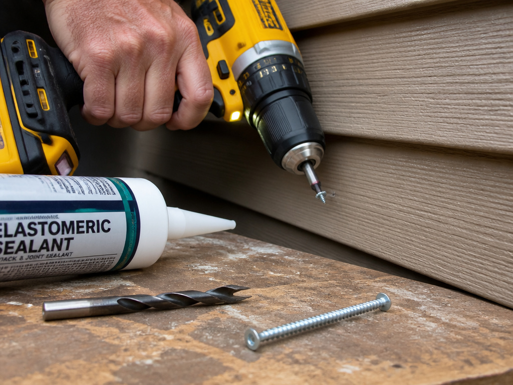 Essential tools for drilling into siding: drill, brad-point bit, sealant, and fastener.