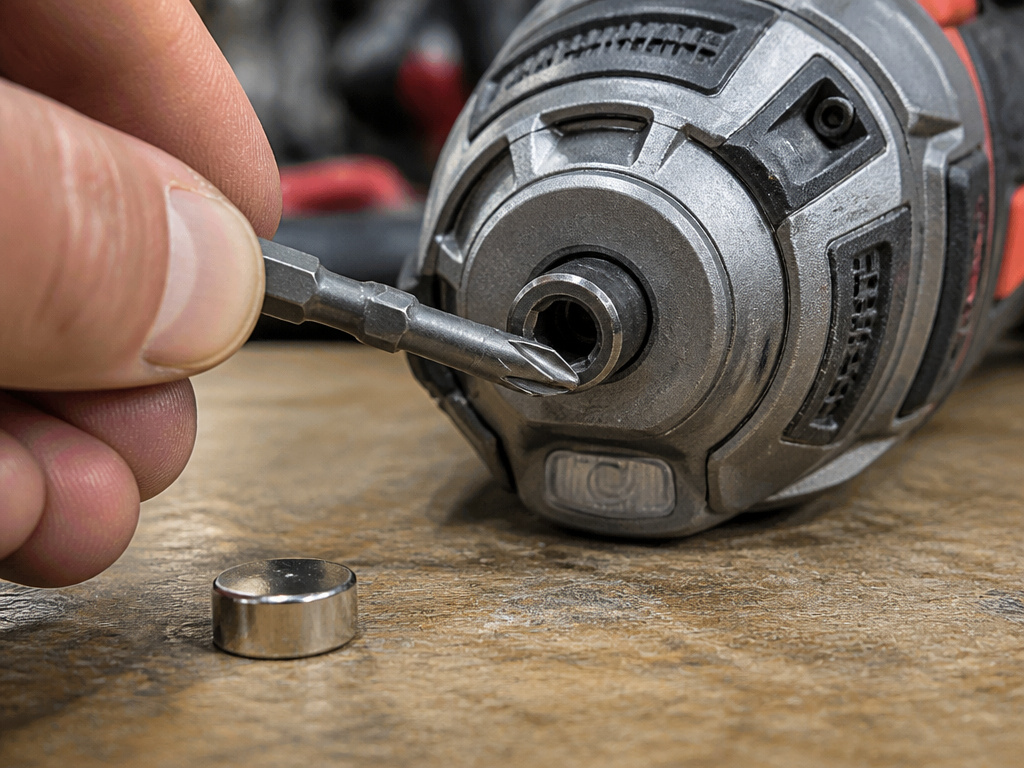Using a drill motor and a neodymium magnet to magnetize a drill bit.