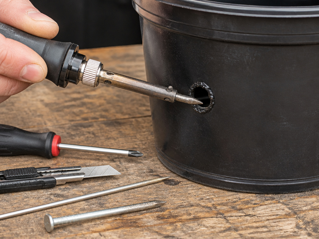 Using a soldering iron to melt a drainage hole in a plastic flower pot.