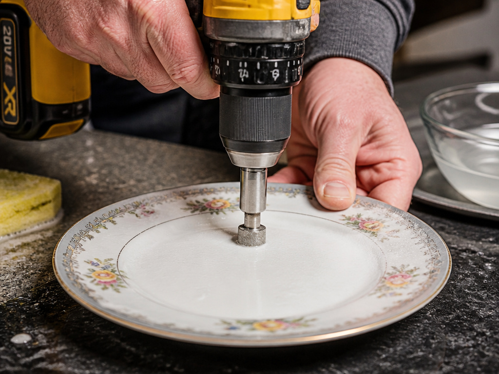 Diamond drill bit making a hole in a delicate china plate with water for cooling.