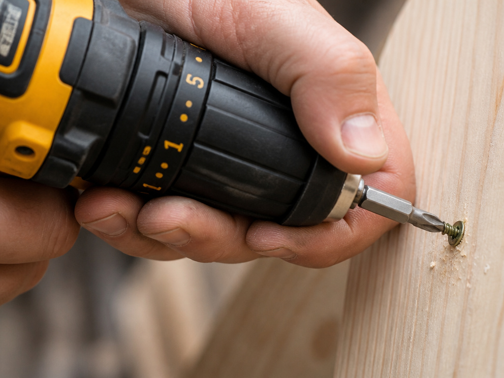 Close-up of a drill's torque clutch setting while driving a screw into wood.