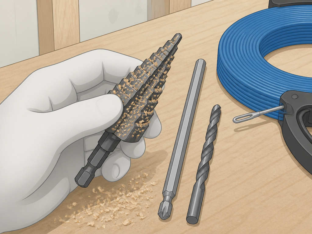 Step drill bit clogged with wood chips next to an unused installer bit.