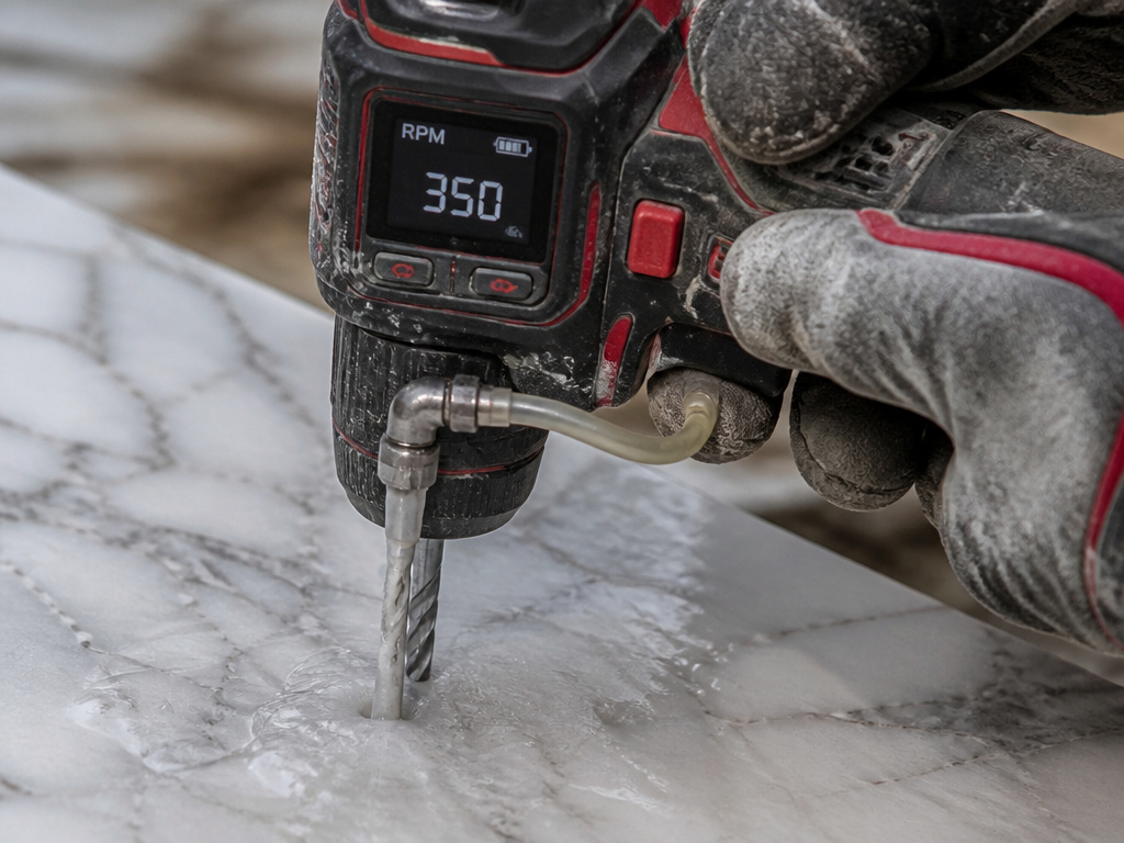 Close-up of drilling marble at correct low speed and light pressure setting.