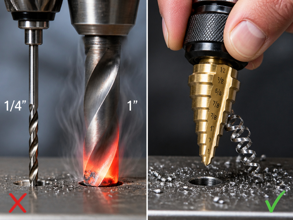 Comparing correct RPM for different drill bit sizes and demonstrating chip-clearing pecking technique.