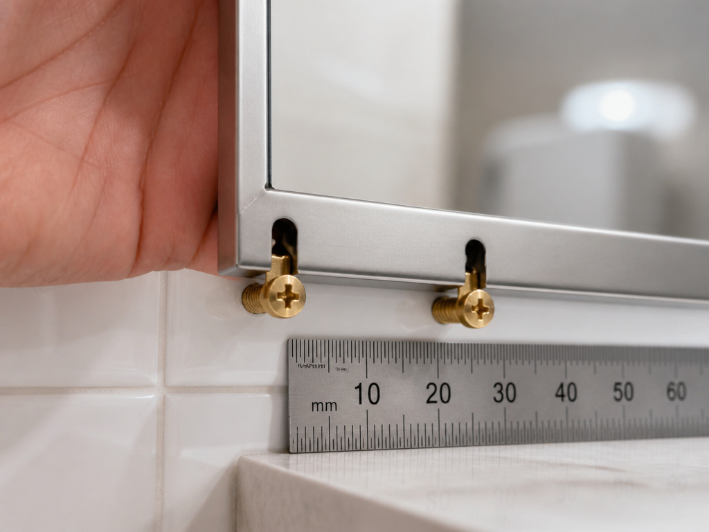 Close-up of measuring screw protrusion from wall to hang a mirror.