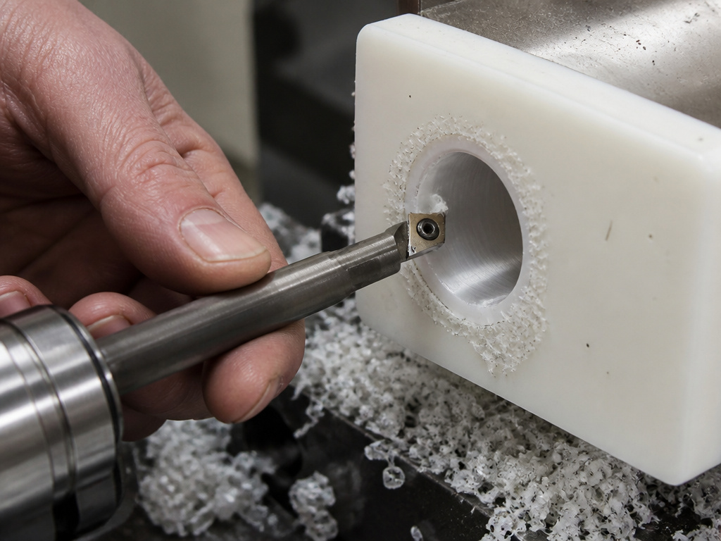 Two-step drilling process for a large, clean hole in plastic using a boring bar.