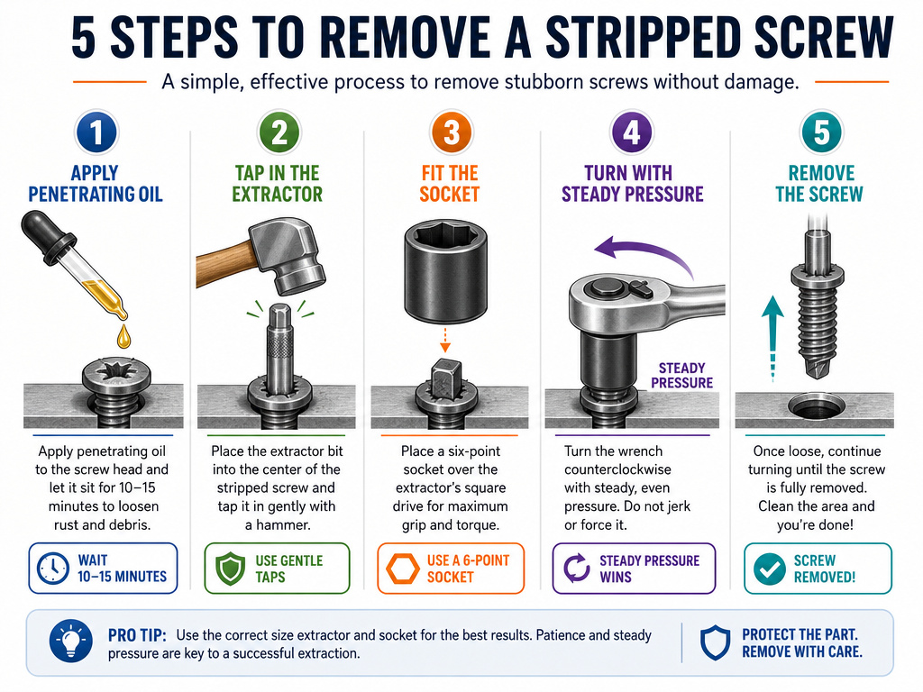 Step-by-step infographic for using a manual screw extractor on a stuck fastener.