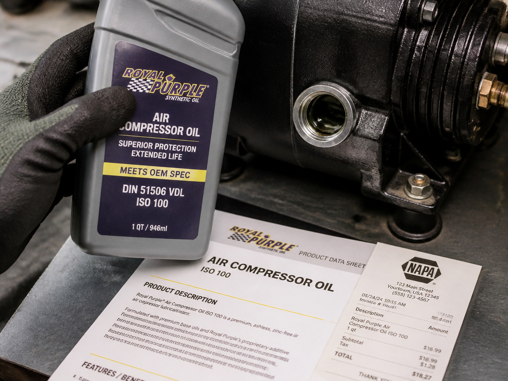 Air compressor oil bottle meeting OEM spec next to fill port and paperwork.
