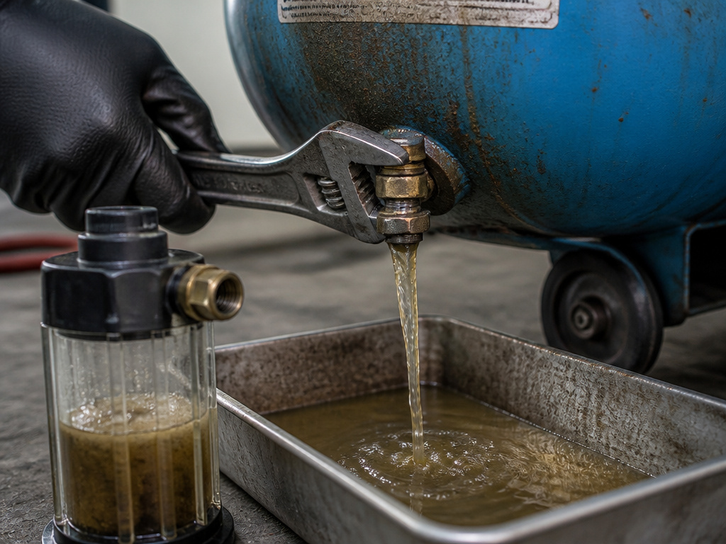 Draining water and sludge from an air compressor tank and filter.