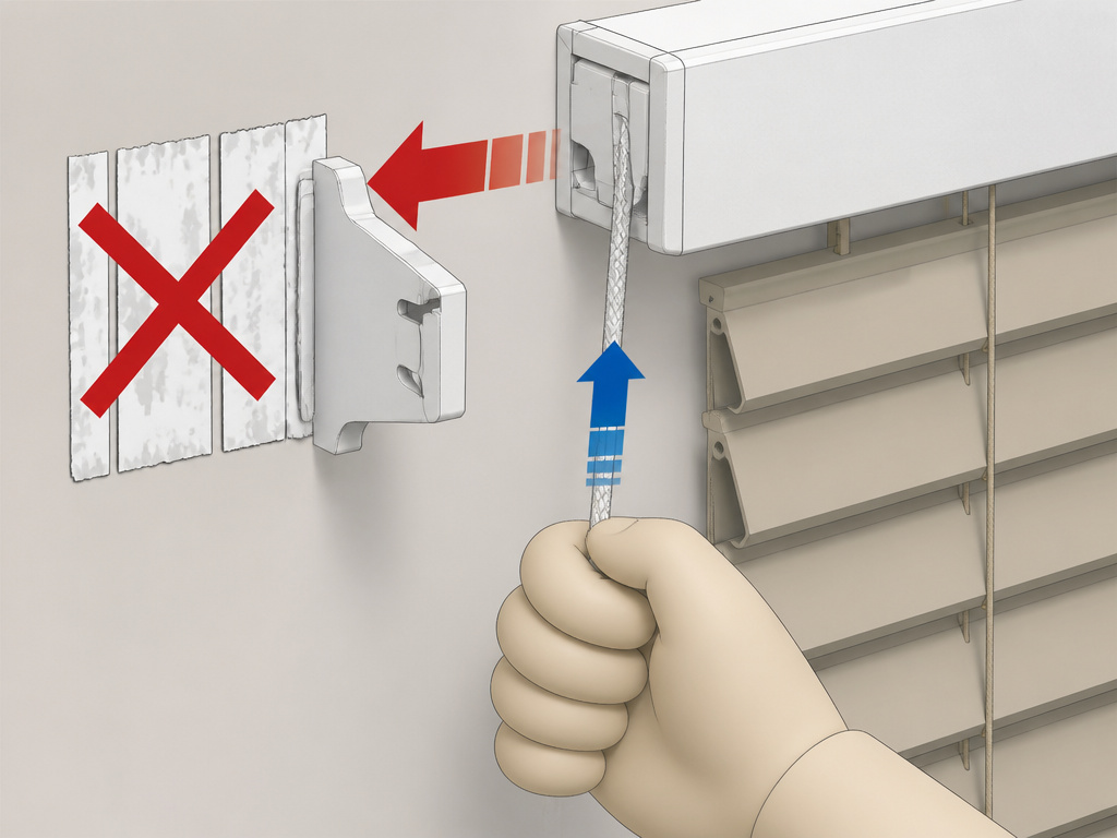 Overloaded adhesive strips failing as a blind's lift cord is pulled.