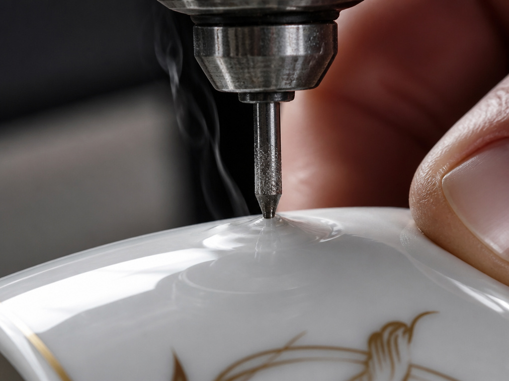 Close-up of drilling a tea cup slowly with water cooling to prevent cracks.