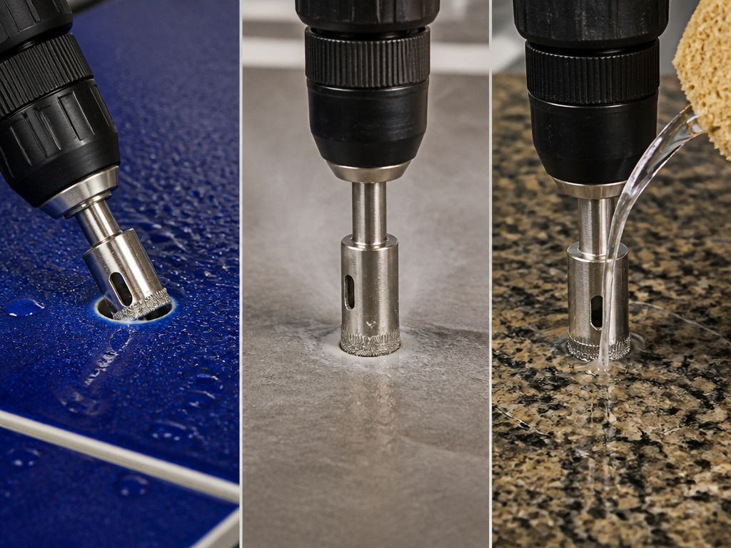 Comparative drilling close-up of ceramic, porcelain, and natural stone tiles.