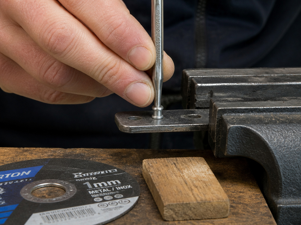 Close-up of selecting correct punch diameter and thin cutting disc for rivet removal.
