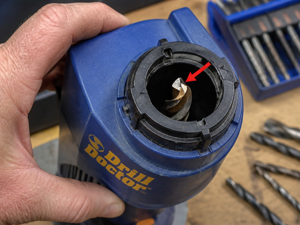 Troubleshooting an off-center drill point using a Drill Doctor sharpener.