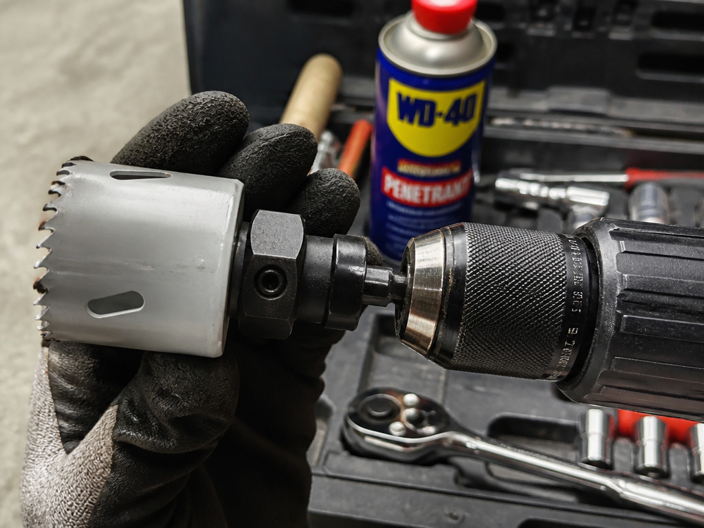 Troubleshooting a wobbling hole saw attachment on a power drill.
