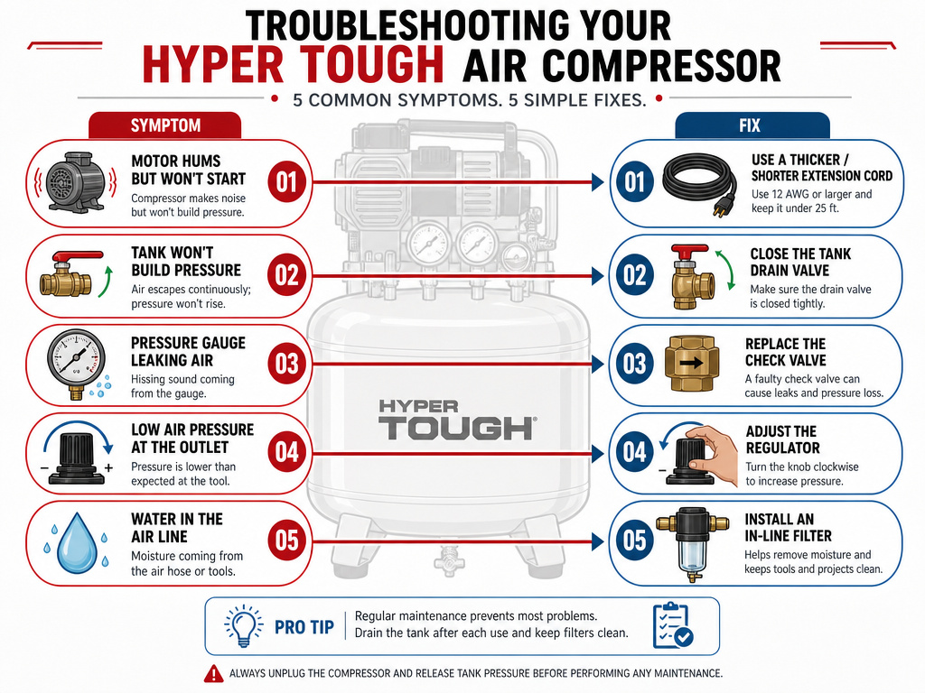 Troubleshooting infographic for Hyper Tough air compressor startup and pressure issues.