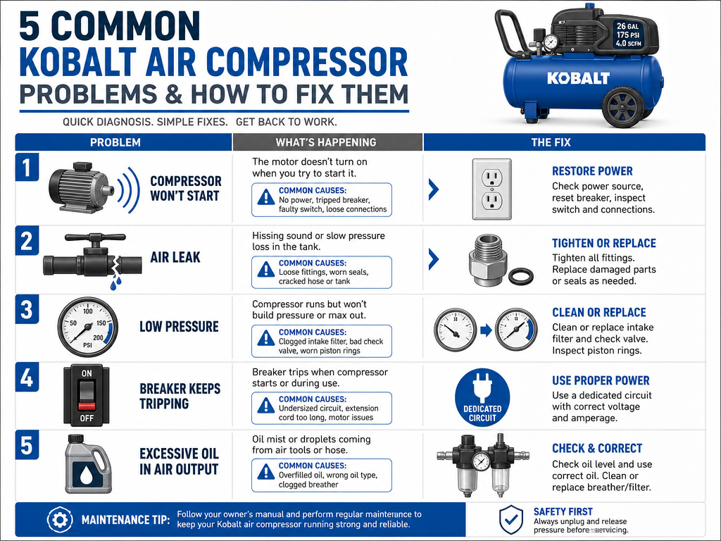 Kobalt air compressor troubleshooting guide for five common problems and fixes