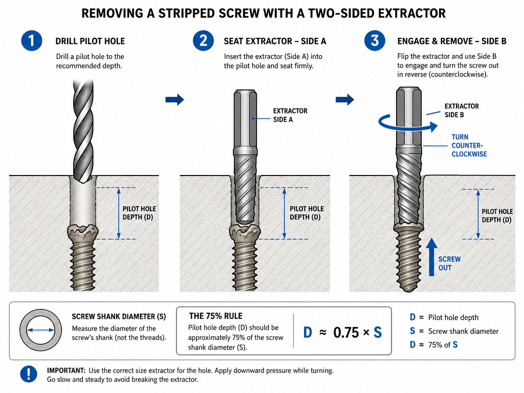 Diagram showing the step-by-step sequence of using a screw extractor to drill out a screw.