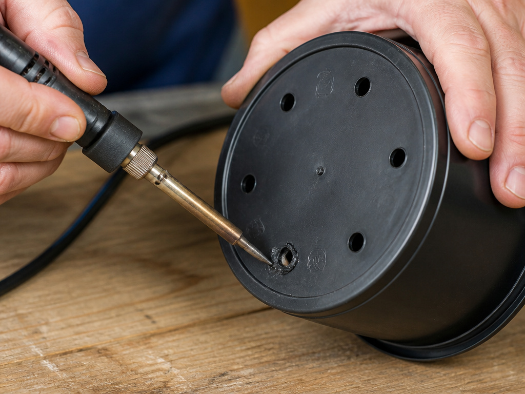 Using a hot soldering iron to create a hole in a plastic flower pot.