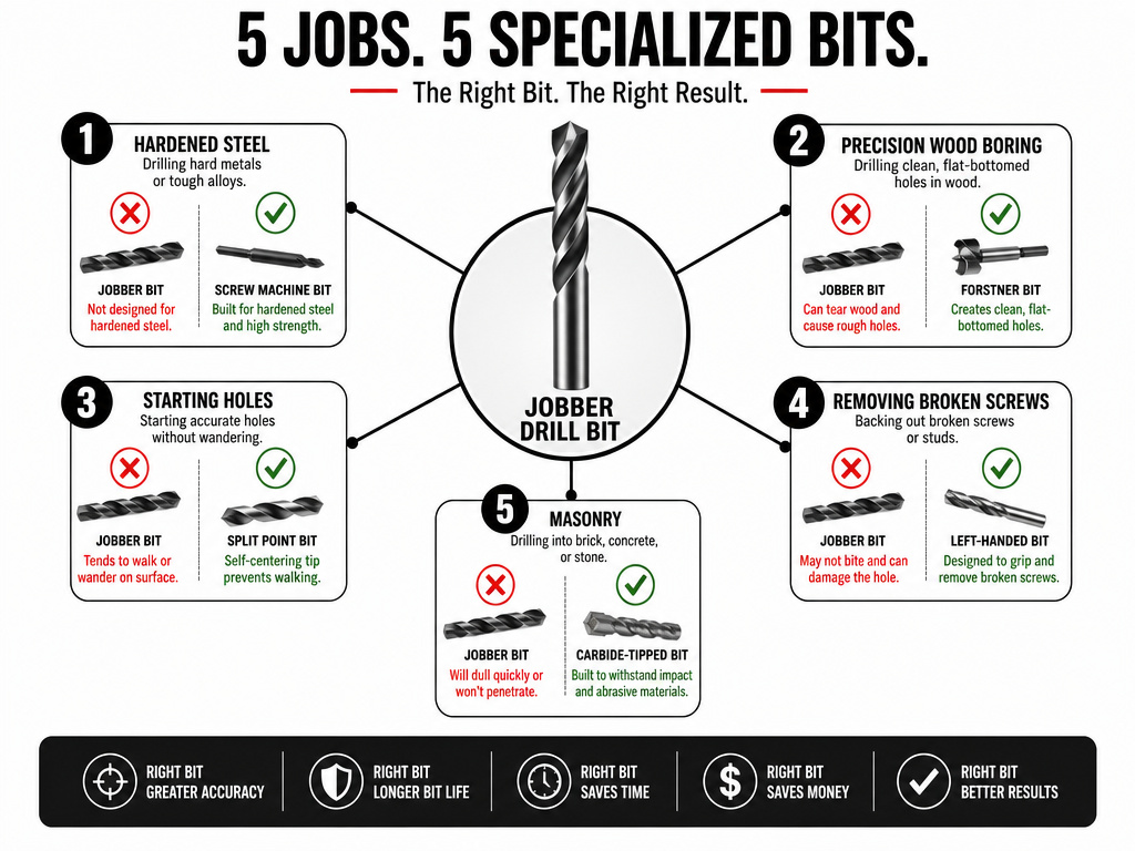 Infographic showing five tasks a jobber drill bit is not suited for.