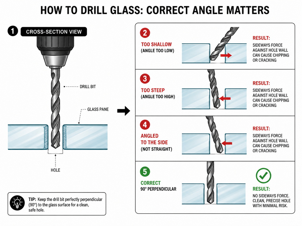 Diagram showing correct and incorrect drill angles to prevent glass cracking