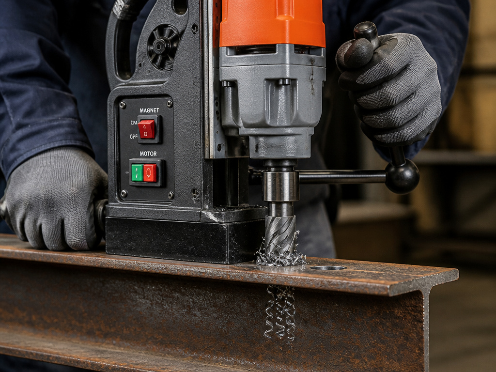 Magnetic drill boring a bolt hole in a structural steel I-beam.