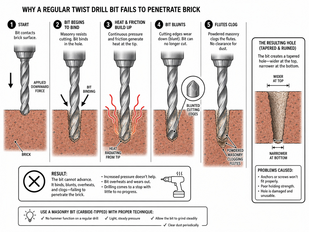 Diagram of a regular drill bit failing and damaging masonry