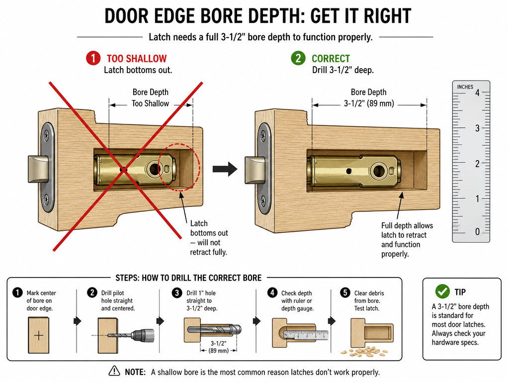 Cross-section diagram showing a door latch in a too-shallow hole