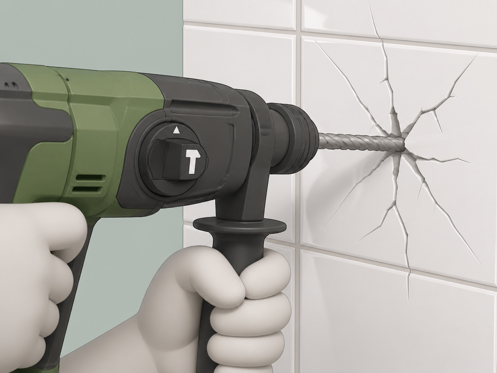Hammer drill incorrectly used on tile, causing cracking in cartoon illustration