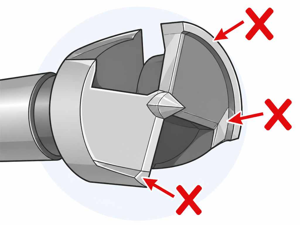 Forstner bit diagram showing three areas not to sharpen for proper hole cutting.
