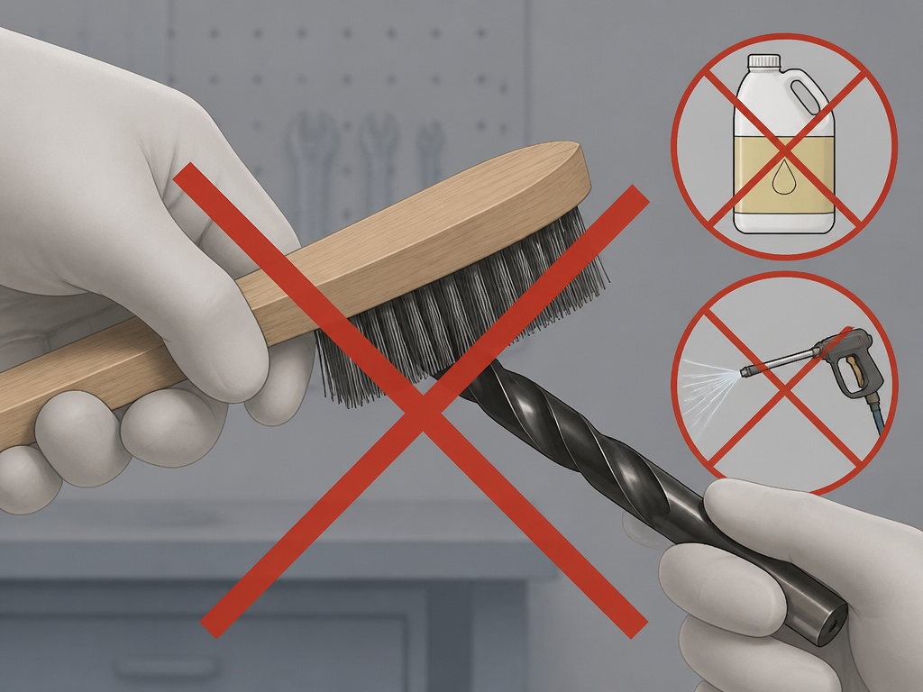 Incorrect cleaning methods for drill bits: wire brushes, acids, and pressure washers.