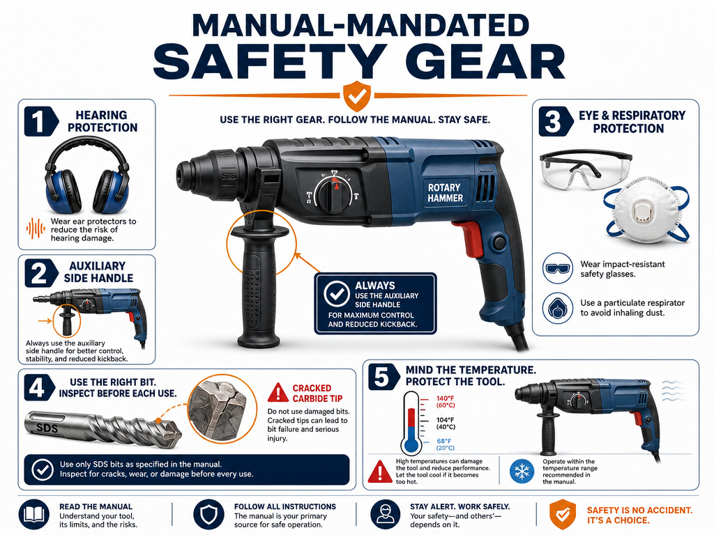 Rotary hammer drill safety gear infographic from tool manuals.