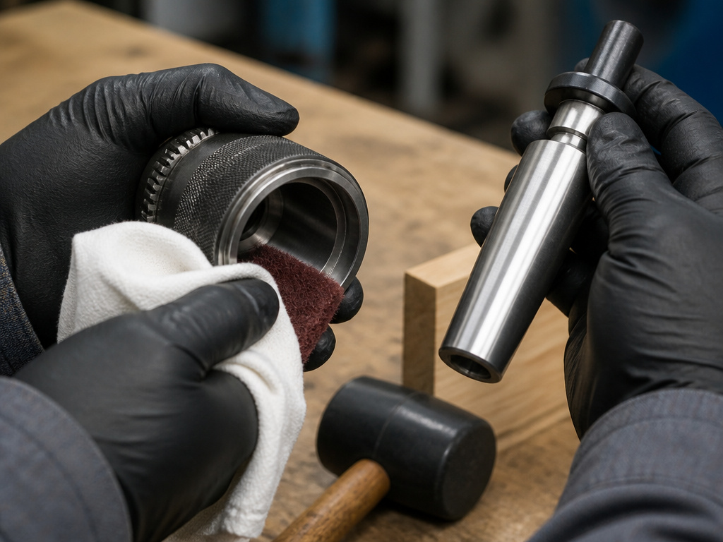 Cleaning a drill press spindle taper before installing a new chuck.