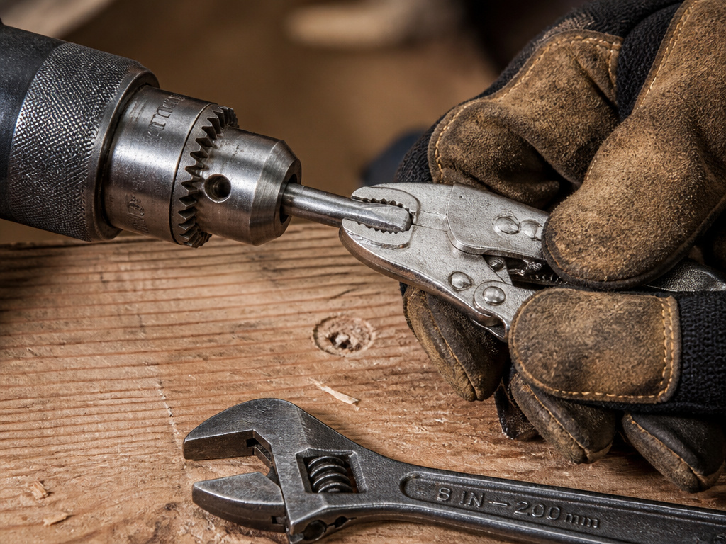 Removing a stuck drill bit from wood using locking pliers