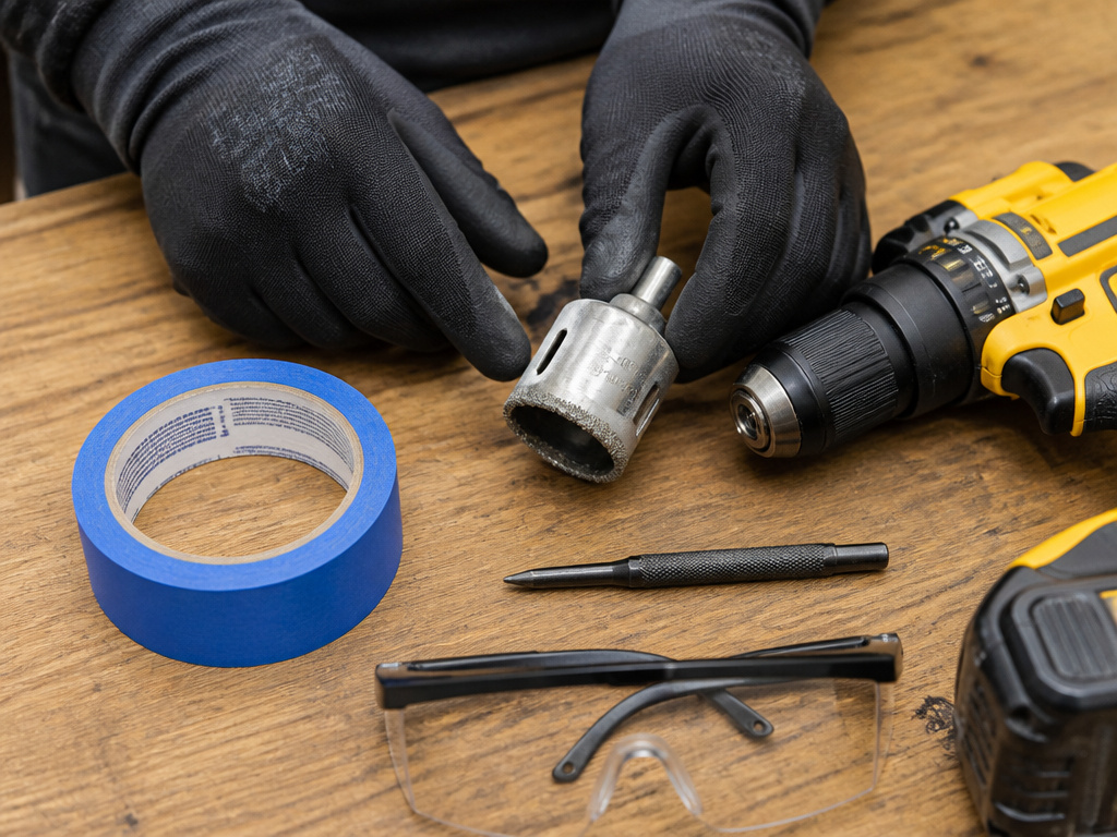 Tools required to drill a faucet hole in a sink: drill, hole saw, safety gear.