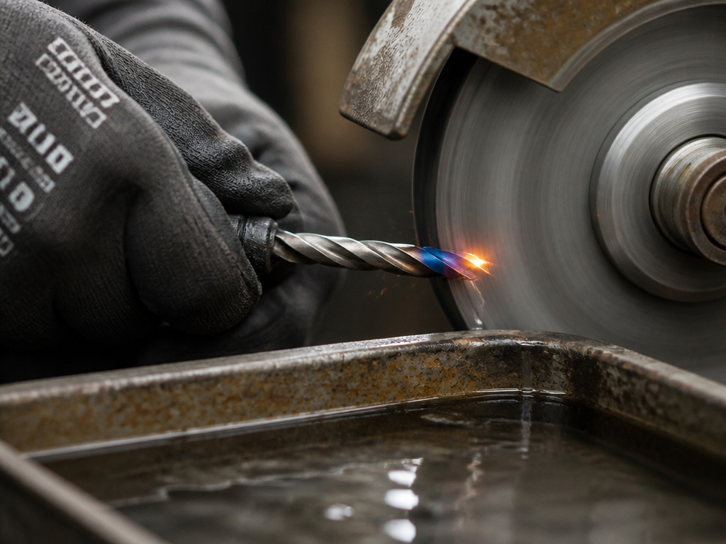 Overheated drill bit with blue temper burn on a bench grinder wheel.