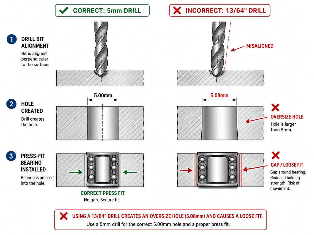 Diagram comparing precise 5mm drill bit to oversize 13/64 inch substitute.