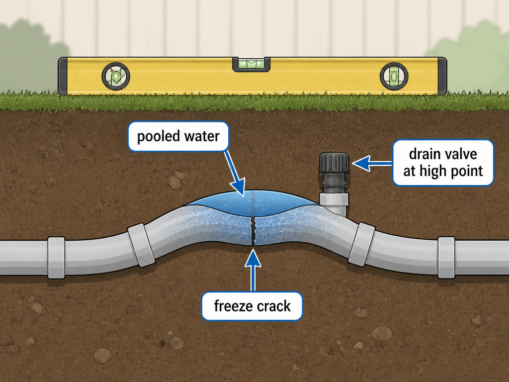 Diagram showing how improper pipe slope traps water and causes freeze damage.