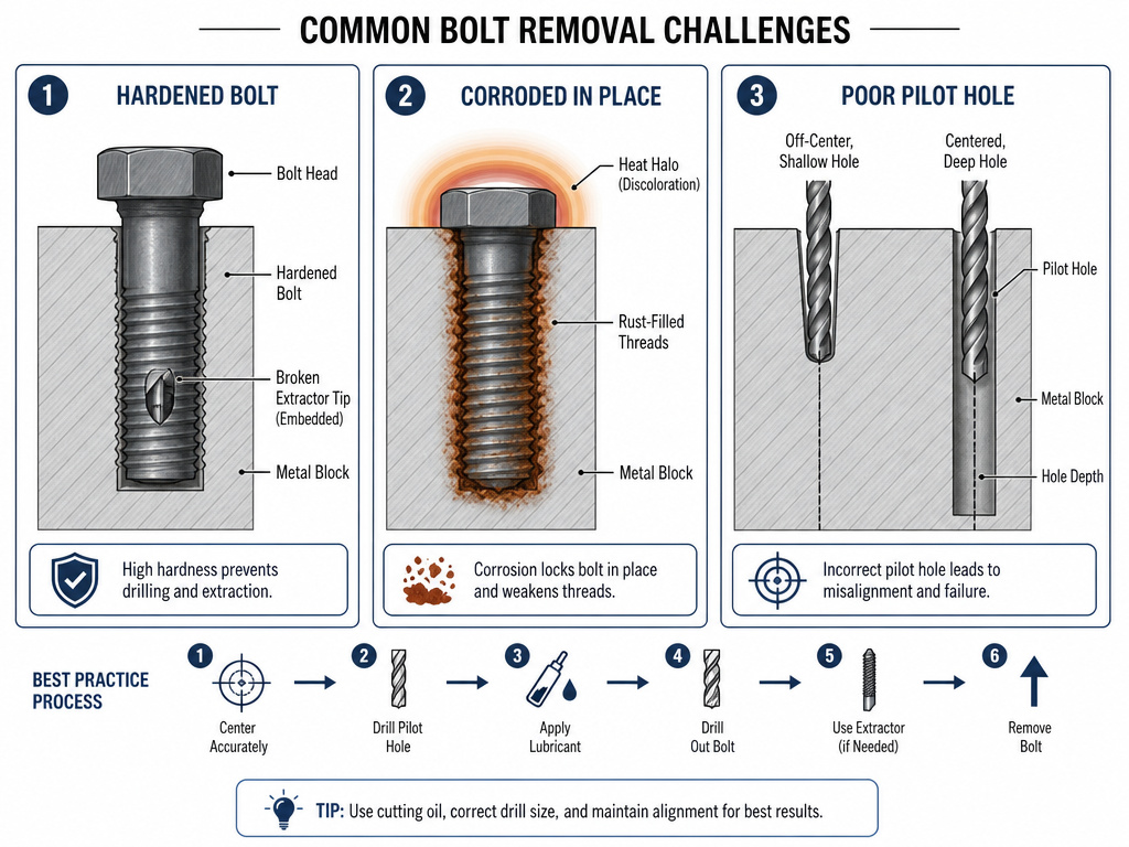 Three scenarios where a standard bolt extractor will fail: hardened, corroded, off-center.