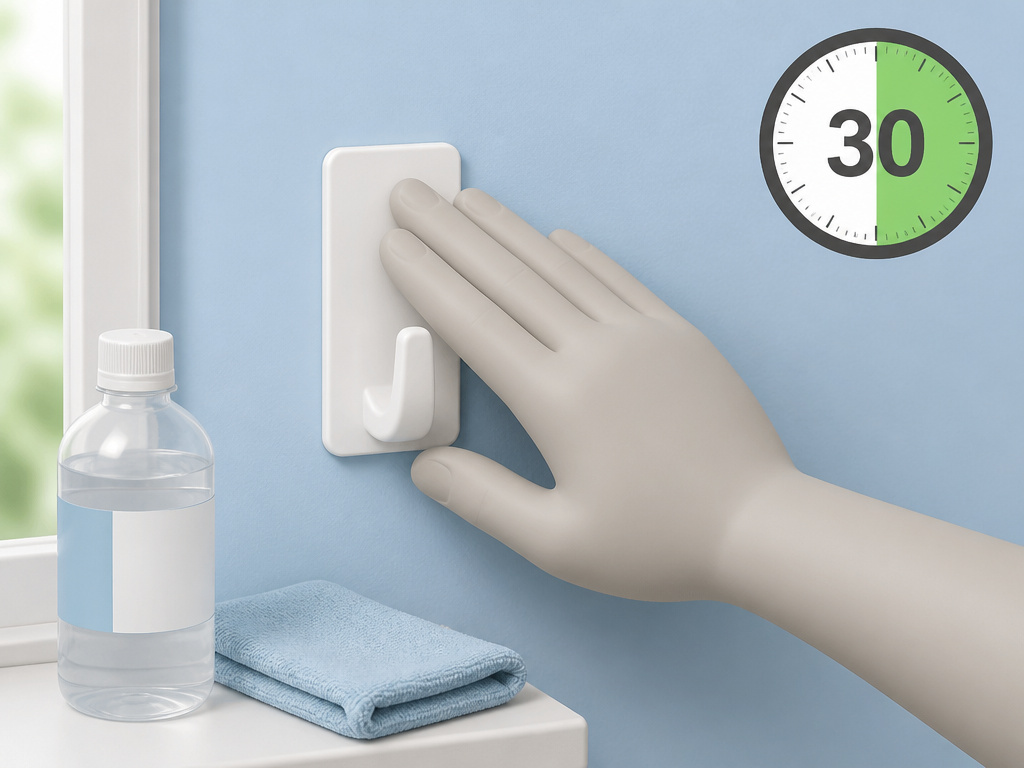 Installing a curtain rod bracket with adhesive hooks on a smooth wall.
