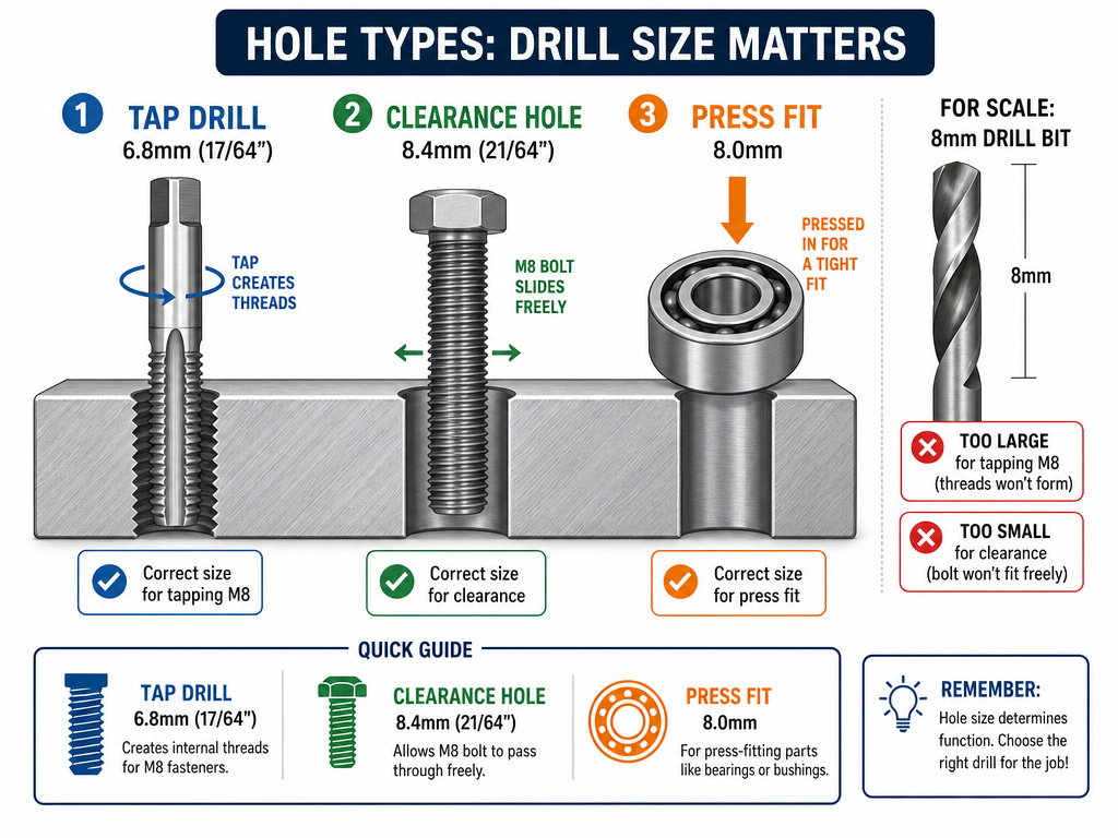Diagram comparing 8mm drill bit to tap, clearance, and press fit hole sizes.