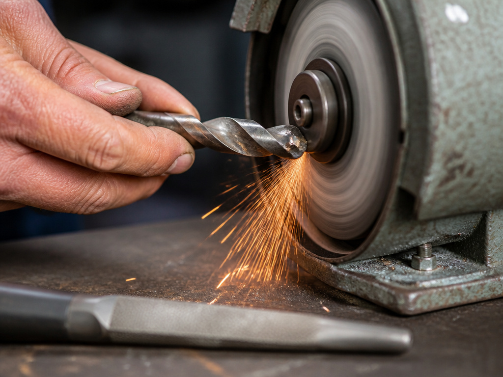 Using a bench grinder to repair a chipped drill bit, not a file.