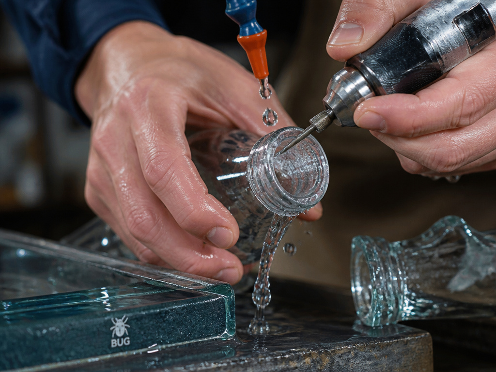 Close-up of drilling a hole in a thick glass bottle neck with water cooling