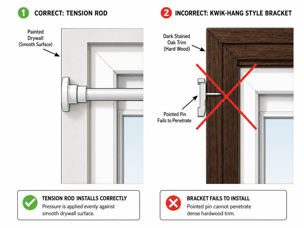 Diagram comparing no-drill curtain rod methods on drywall versus stained wood trim